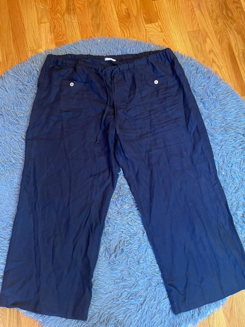 Allen Allen Navy 100% Linen Pull On Drawstring Cropped Wide Leg Pants Size 1X